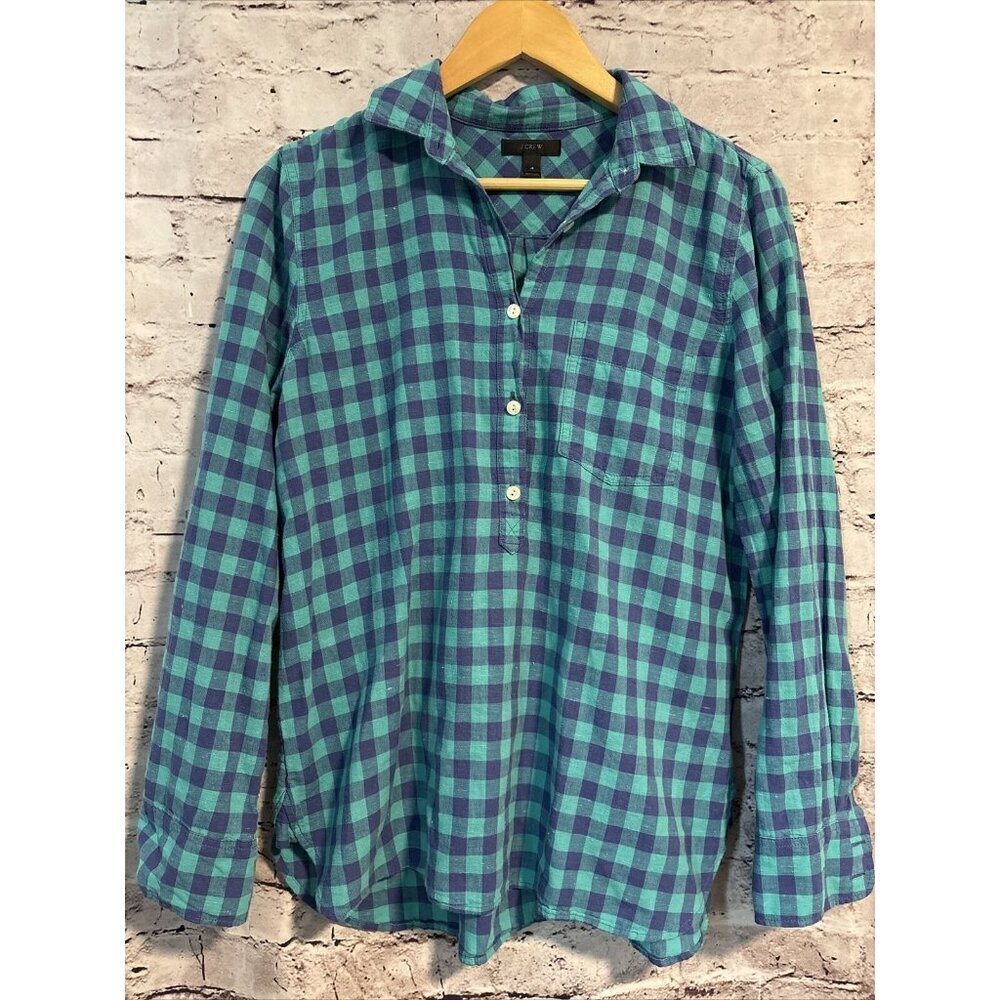 J. Crew Popover Blue Aqua Collared Women’s Shirt Cotton Size 4 Button‎ Up